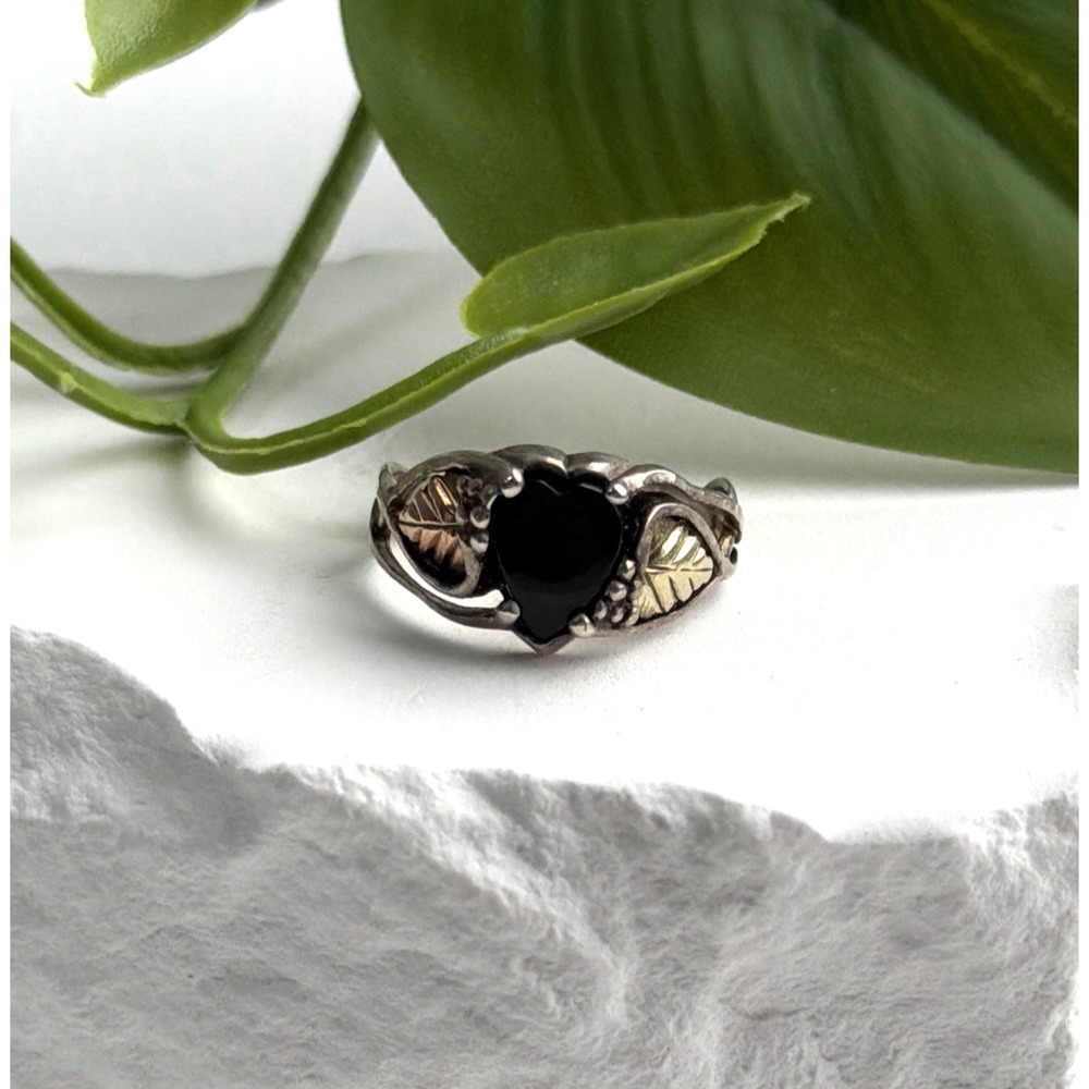 Vintage 925 Sterling Silver & 12K Gold Leaf Black Onyx Ring Size 6